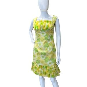 Vintage 1960s Mod Floral Wiggle Dress‎ Ruffle Ruched Bodice Organza Chiffon JS